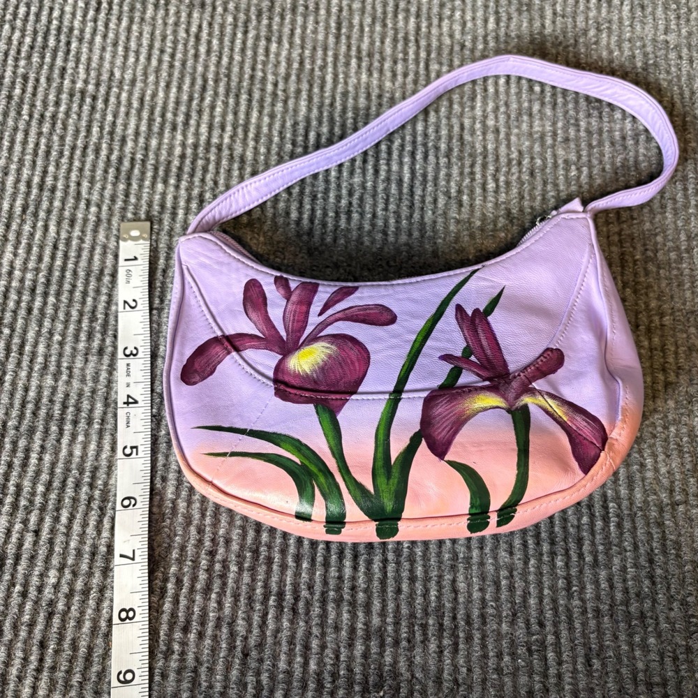 Via Via Couture Hand Painted Floral Leather Baguette Shoulder Bag Purple Y2K - Picture 6 of 6